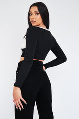 Black White Rib Cup Detail Crop Top - Saff
