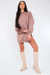Mocha Oversized Slit Sweatshirt Dress - Kierell