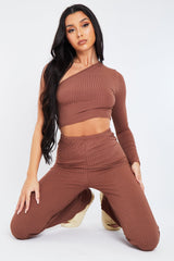 Chocolate One Shoulder Crop Top & Trouser Set - Janece