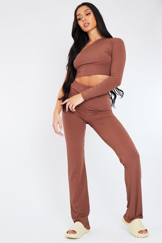 Chocolate One Shoulder Crop Top & Trouser Set - Janece