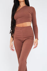 Chocolate One Shoulder Crop Top & Trouser Set - Janece