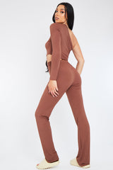 Chocolate One Shoulder Crop Top & Trouser Set - Janece