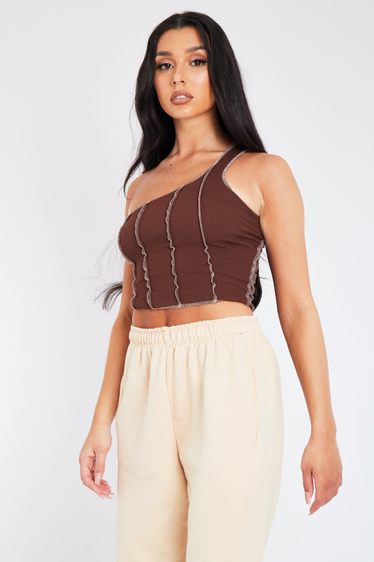 Brown Rib One Sleeve Crop Top - Zaniah