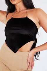 Black Chain Detail Velvet Halter Neck  Crop Top - Catrina
