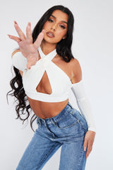 White Halter Neck Cut Out Shoulder Crop Top - Lou