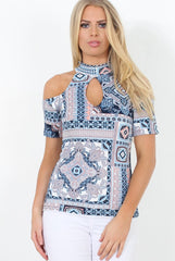 Blue Paisley Cold Shoulder Top - Franca