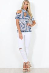 Blue Paisley Cold Shoulder Top - Franca