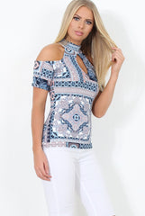 Blue Paisley Cold Shoulder Top - Franca