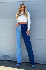 Blue Splice Two Tone Straight Jeans - Aaisha