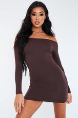 Chocolate Bardot Jersey Mini Dress - Alayna