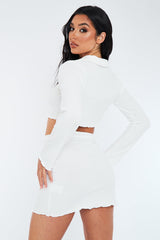 White Rib Button Up Crop Top & Mini Skirt Set - Neha