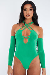 Green Slinky Strappy Crossover Cut Out Shoulders Bodysuit - Jorja