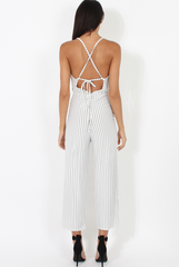 White Pinstripe Plunge Culotte Jumpsuit - Francine
