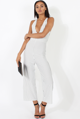 White Pinstripe Plunge Culotte Jumpsuit - Francine