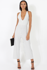 White Pinstripe Plunge Culotte Jumpsuit - Francine