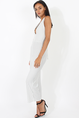White Pinstripe Plunge Culotte Jumpsuit - Francine
