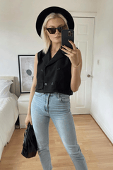 Black Cropped Sleeveless Blazer Top - Frankiee