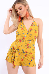 Mustard Floral Tie Front Cami Playsuit - Franky