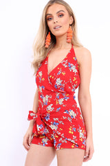 Red Floral Tie Front Cami Playsuit - Franky