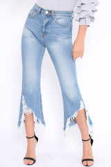 Light Wash Wide Leg Extreme Fray Hem Jeans - Abela