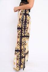 Black and Gold Scarf Print High Waist Flare Trousers - Freddy