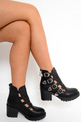 Black Cut Out Buckle Detail Heeled Boots - Fredericka