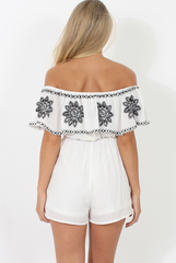 White Bandeau Playsuit With Embroidered Detail- Freye