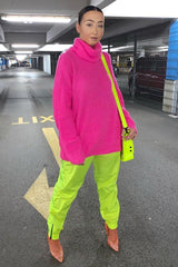 Neon Pink Roll Neck Jumper Dress - Freylynn