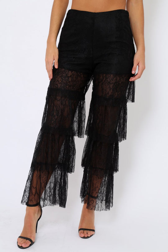 Black Tiered Frill Lace Pants - Frida