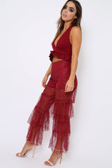 Wine Tiered Frill Lace Pants - Frida