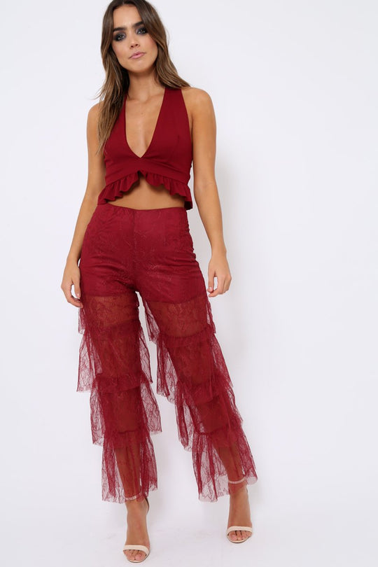 Wine Tiered Frill Lace Pants - Frida