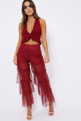 Wine Tiered Frill Lace Pants - Frida