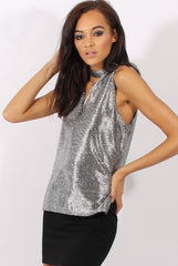 Silver Metallic Shimmer High Neck Cut Out Front Top - Fridya