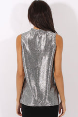 Silver Metallic Shimmer High Neck Cut Out Front Top - Fridya