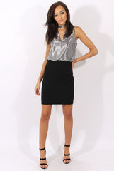 Silver Metallic Shimmer High Neck Cut Out Front Top - Fridya