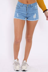 Blue Denim Distressed High Waist Shorts -Frieda