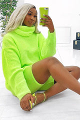 Neon Lime Green Roll Neck Jumper Dress - Freylynn