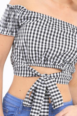 Black Gingham Bardot Wrap Around Crop Top - Rozanne
