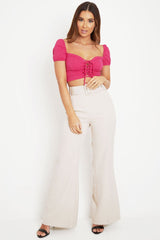 Fuchsia Puff Sleeve Lace Up Front Crop Top - Kandis