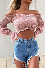 Pink Shirred Wrap Over Bardot Crop Top - Zuri