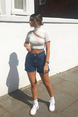 Mid Wash Raw Hem High Waist Denim Shorts - Atlanta