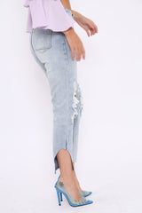 Blue Distressed Knee Cut Out Hem Mum Jeans - Gabryela