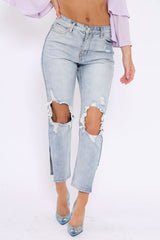 Blue Distressed Knee Cut Out Hem Mum Jeans - Gabryela