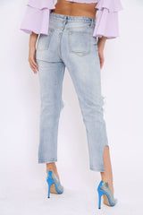 Blue Distressed Knee Cut Out Hem Mum Jeans - Gabryela