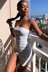 White Bandeau Split Leg Bodycon Dress - Galia