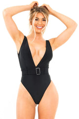 Black Extreme Plunge Belted Swimsuit - Elvi
