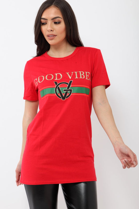 Red Good Vibes Slogan T-shirt - Tayla