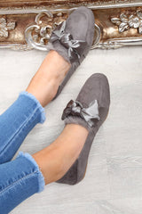 Grey Faux Suede Bow Front Loafers - Geena
