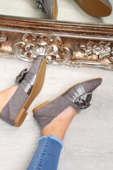 Grey Faux Suede Bow Front Loafers - Geena