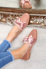 Pink Faux Suede Bow Front Loafers - Geena